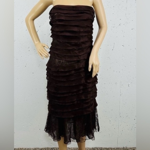 Carmen Marc Valvo Size 12 Brown Silk Lace Layered Strapless Dress NEW - Picture 1 of 16